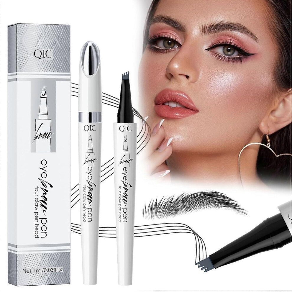 (Gray) Waterproof Eyebrow Pencil, 3D Micro Eyebrow Pencil with 4 Fork Tip Applicator, Waterproof Eyebrow Pencil for Natural Eyebrow