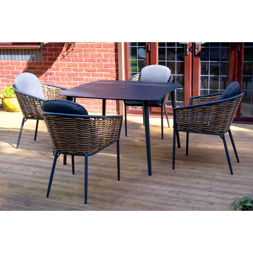 SH&G Bolingbroke 4 Seat Garden Furniture Set | 4 Piece Square Table & Chairs | Aluminium & Brown Rattan with Grey Cushions | Indoor & Outdoor-image-OPC-PGC5X7T-NEW