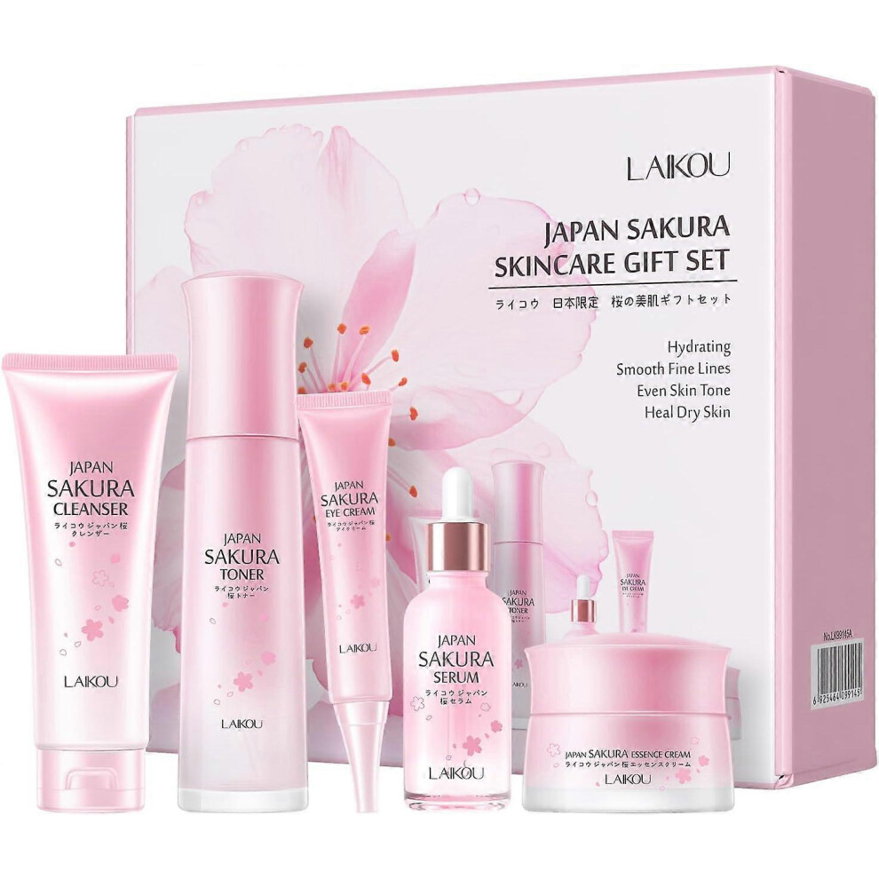 Sakura Skincare Gift Set, Luxury Glass Bottle Skincare Kit Gift for Women Teenage Girls, Cleanser, Toner, Serum, Eye Cream & Moisturizer