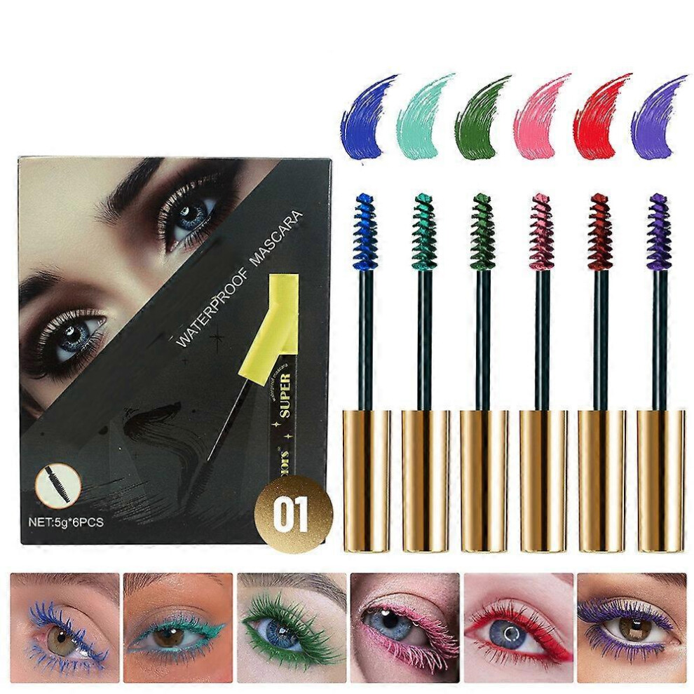 (A) 6 Colours Colored Mascara for Eyelashes Set Rainbow Purple Blue Mascara for Eyelashes, Waterproof Long Lasting Charming Volumizing, Eye Makeup Gift fo