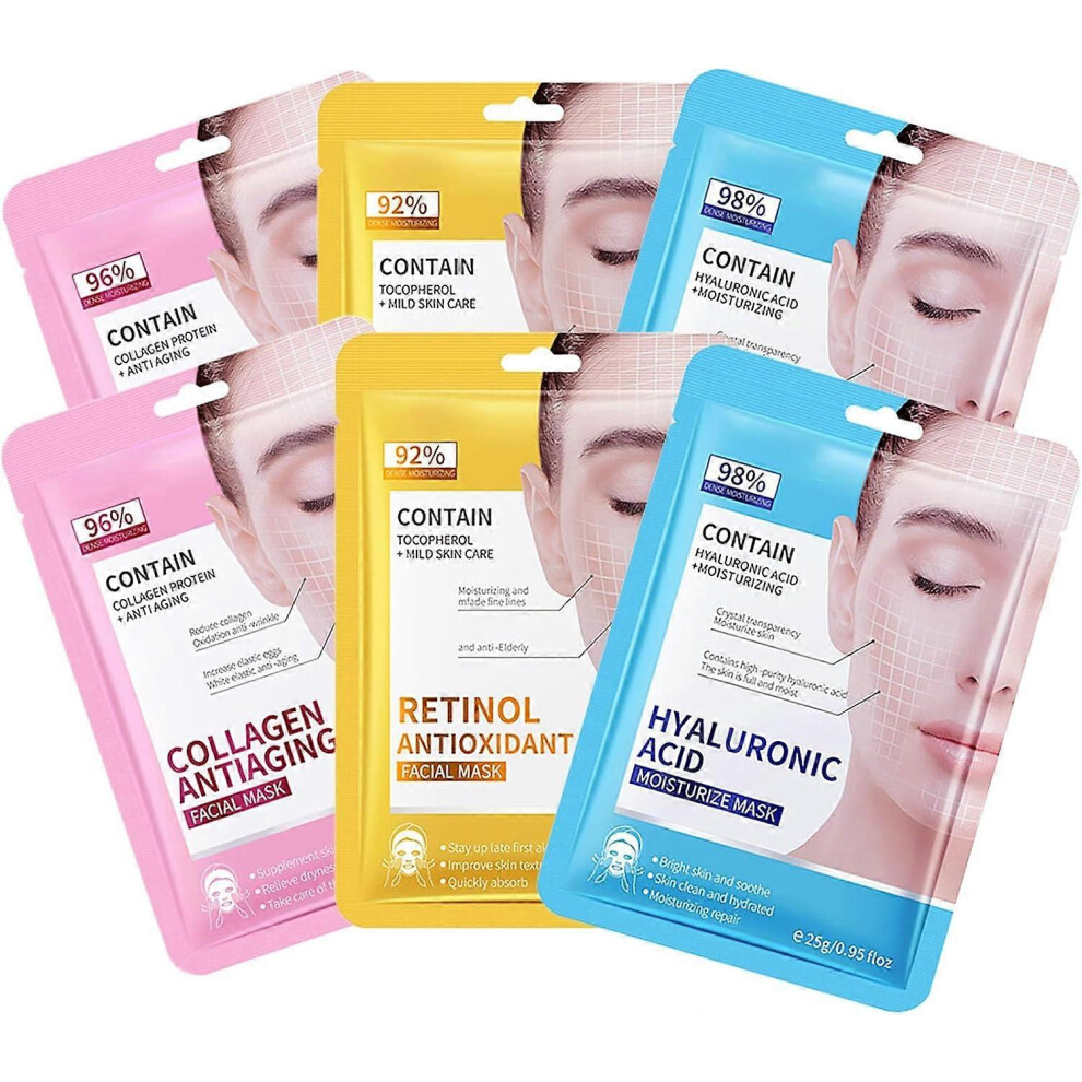 6PCS - Collagen Face Masks Skincare Set - Retinol Sheet Masks Multipack - Hydrating Face Mask - Hyaluronic Acid Sheet Mask Set - Anti-Wrinkle, Anti-Ag
