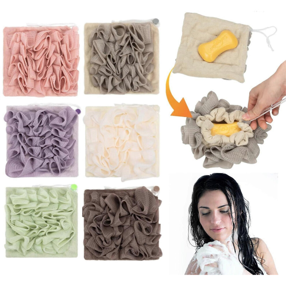6 PCS Loofah Washcloth, 2 in 1 Bath Loofah Women Men Exfoliating Body Scrubber, Fine Mesh Wash Cloths Shower Loofah Sponge with Drawstring Luffa Fast