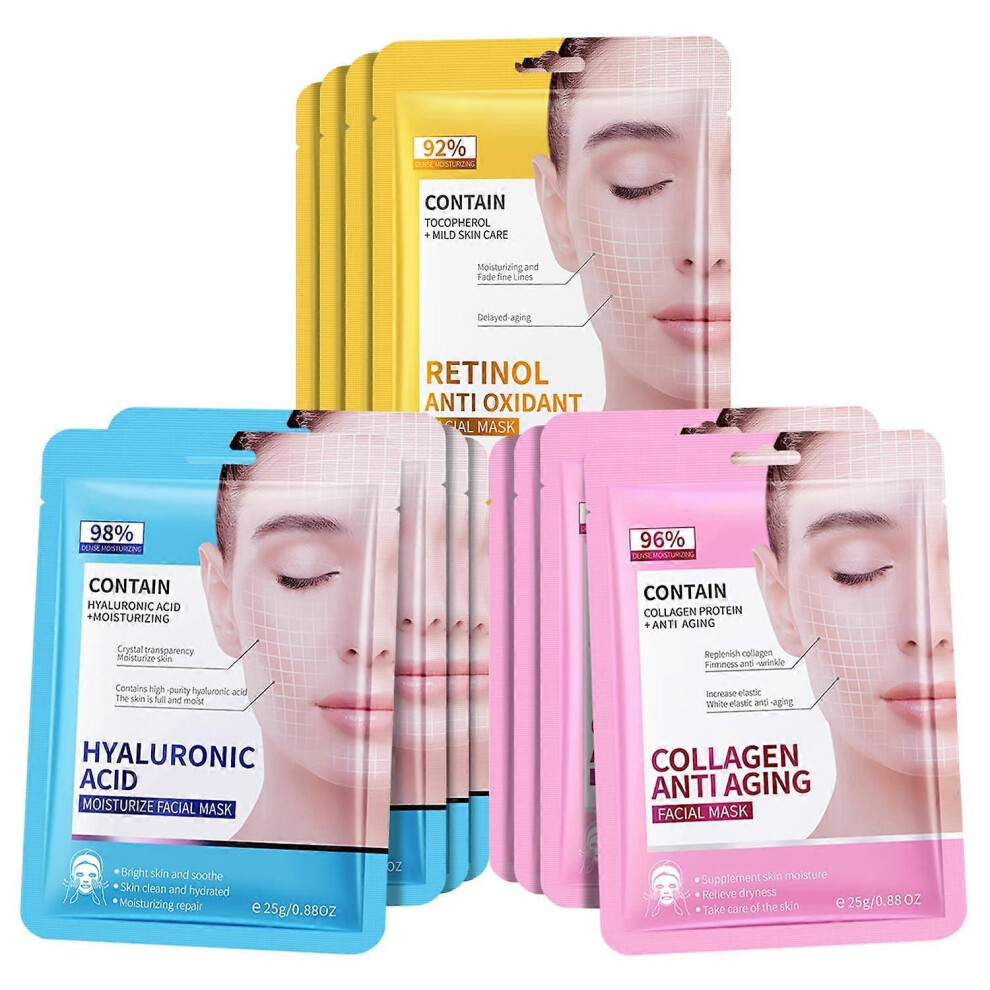 12 Pack Collagen Face Masks for Women, Retinol Facial Masks, Hyaluronic acid Hydrating Face Masks for All Skin Types, Anti Wrinkles, Moisturizing, Bri