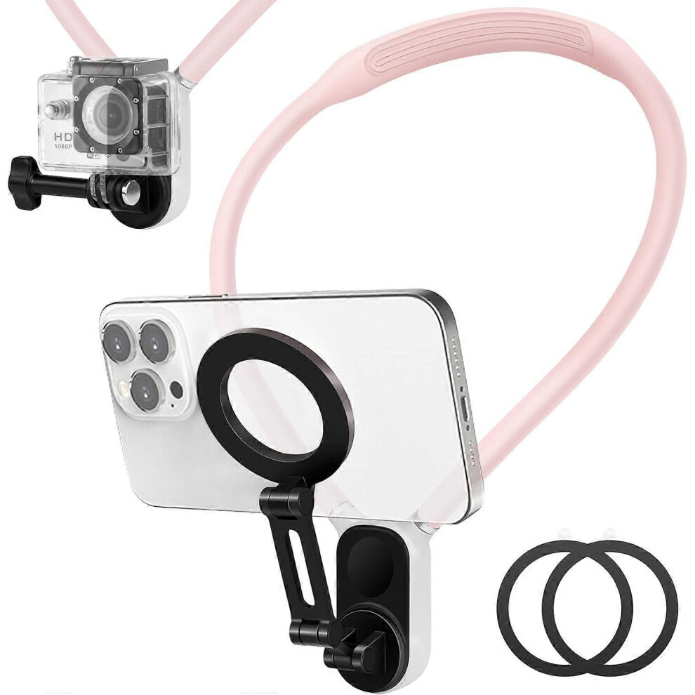 (Pink) Magnetic Neck Cell Phone and Sports Camera Holder, POV/Vlog Selfie Mount, Hand Free Phones and Sports Camera Neck Holder for Smartphone and GoPro Inst