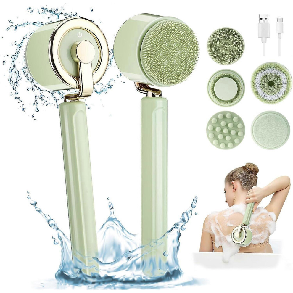 Electric Body Bath Brush, Rechargeable Back Brush Long Handle for Shower with 5 Brush Heads,IPX7 Waterproof Silicone Body Scrubber Exfoliating Deep Cl