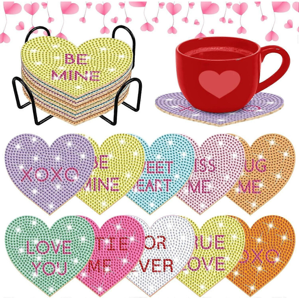10 Pcs Valentine's Day Diamond Painting Coasters Kits with Holder DIY Valentine's Day Diamond Art Coaster Valentine's Day Gift