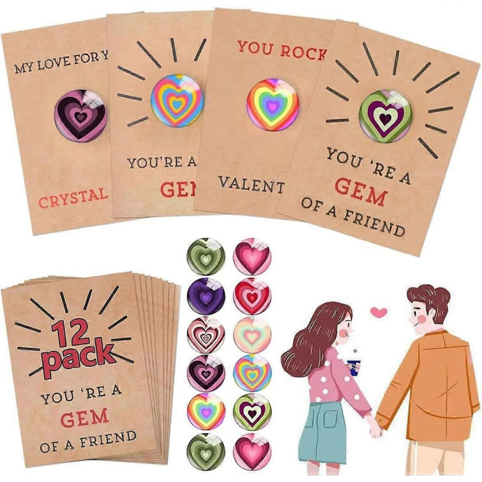 (12 Pcs) 12/36 Pack Valentines Cards with Heart-Shape Acrylic Stones, Valentine Exchange Card Gift for Kids Girls Boys School Class Gifts Party Favors