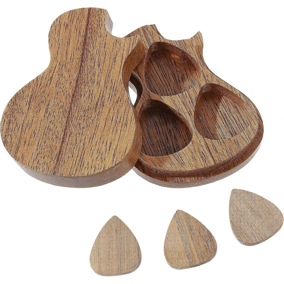 Guitar Wooden Pick Box Case with 3 Pcs Guitar Wood Picks Storage Holder Organizer for Guitarist Musician Gift