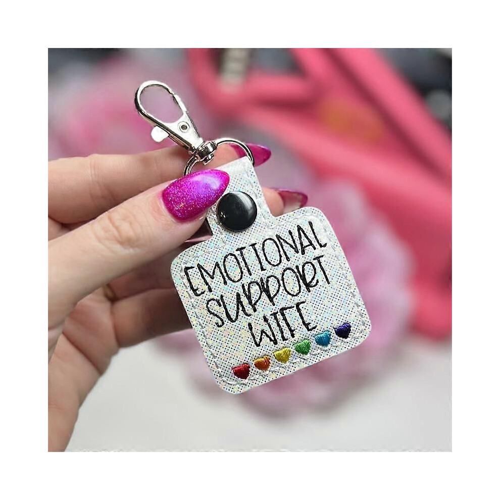 (Wife) Rainbow Heart Embroidered Keychain Emotional Support, Personalized Rainbow Heart Embroidered Keychain Gifts for Friends