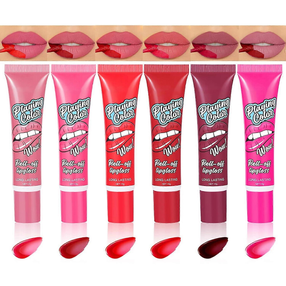 Lip Stain Lip Gloss 6 Colors, Peel Off Lip Stain Lip Tint, Peel Off Tattoo Lipsticks for Waterproof, Long Lasting, Nonstick Cup, Matte, Tattoo Magic C
