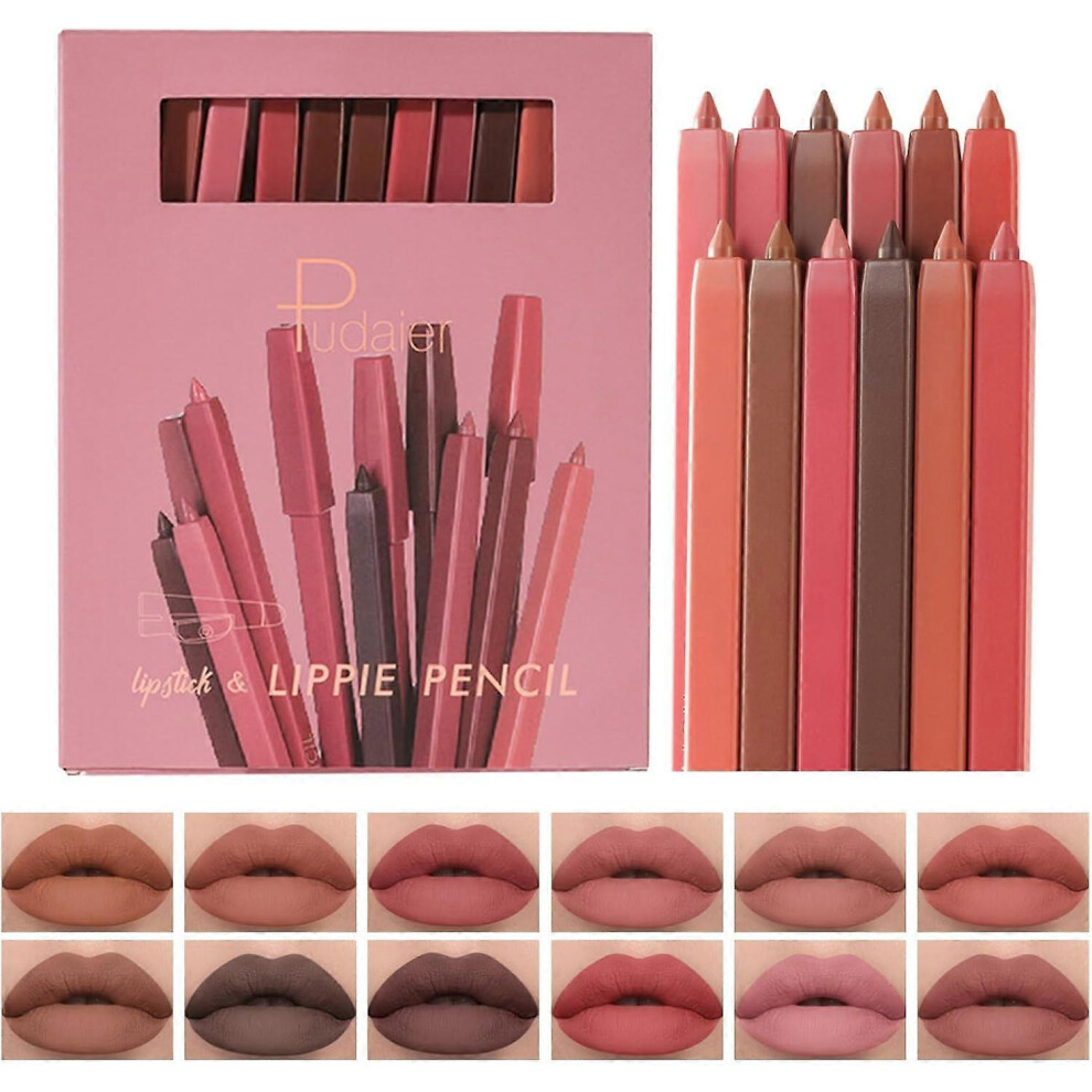 (2pcs) 12Pcs Matte Lip Liner Set Lipstick Velvety Lip Crayon Plumper Long Lasting Waterproof Non-Stick Lip Gloss Makeup Gift Set