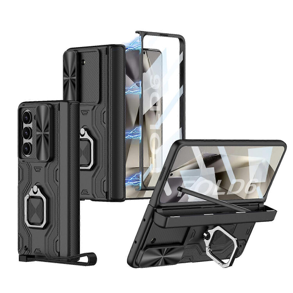 (Black) Hinge Protection 360 Full Body Rugged Case for Samsung Galaxy Z Fold 6 with S Pen Holder & Ring Kickstand & Slide Camera Cover