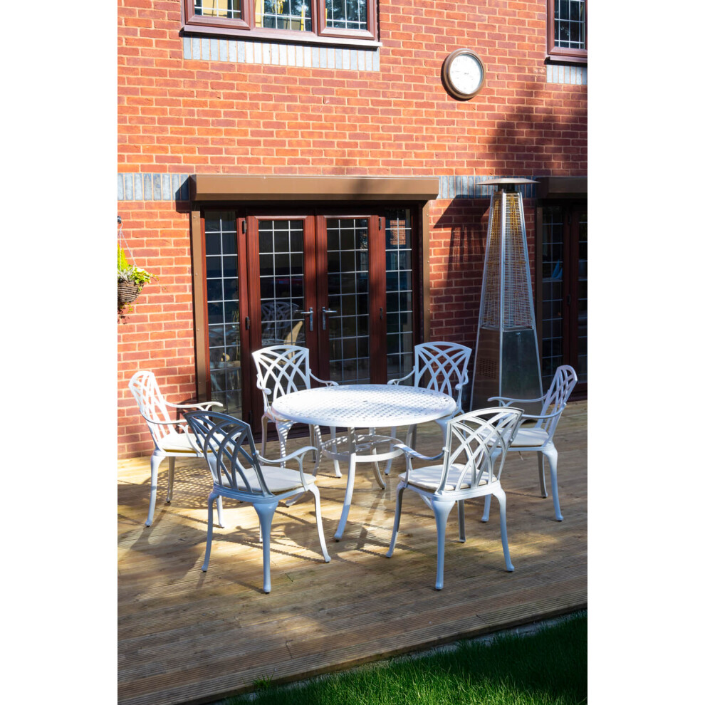 SH&G Chirk 6 Seat Dining Table Set | 7 Piece Round Table & Chairs | White Aluminium with Cream Cushions | Indoor & Outdoor