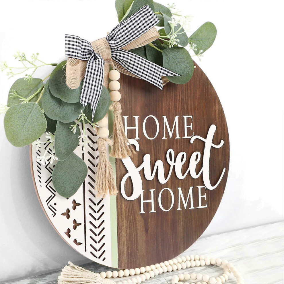 (1pcs) 3D Welcome Front Door Wreath Porch Decor, Wooden Home Sweet Home Boho Outdoor Sign Hanging, Farmhouse Wall Sign Hanger with Artificial Leaves&Rustic B