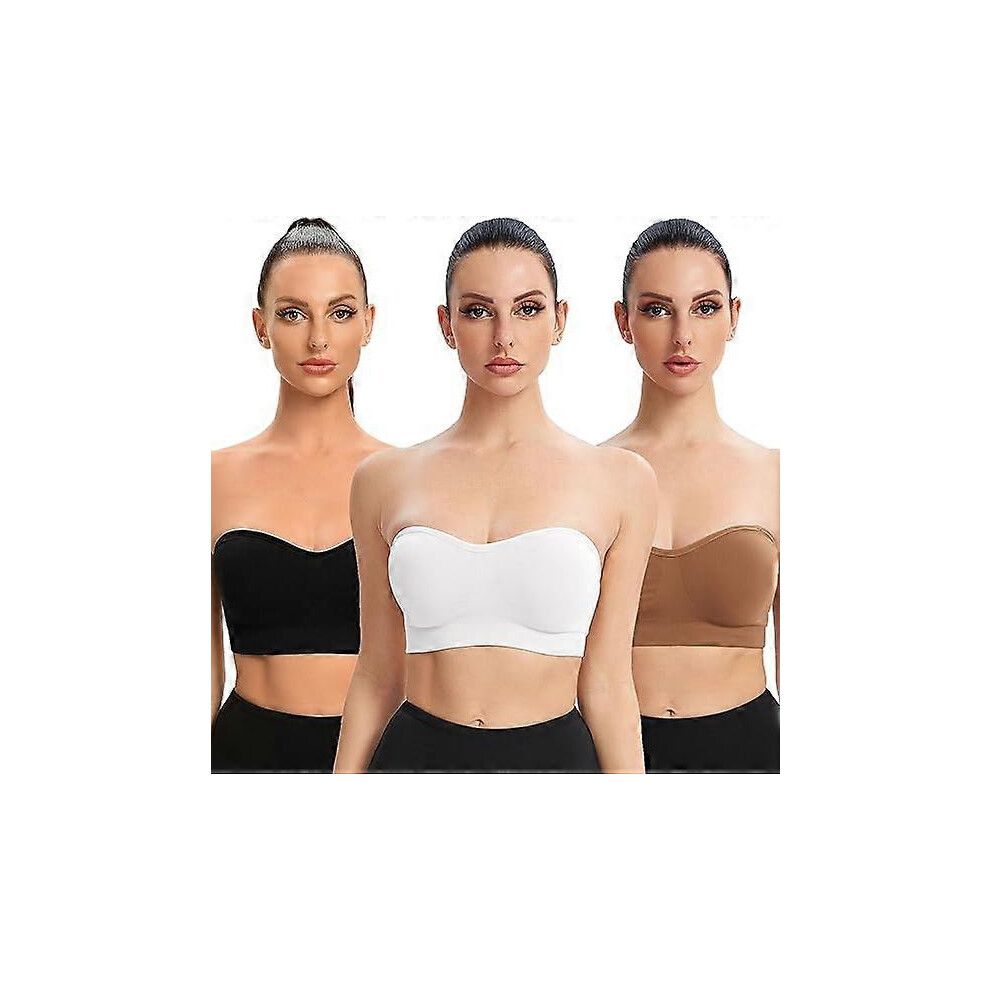(L, Khaki) Strapless Bras for Women Non-Slip Silicone Bandeau Bra Seamless Wireless Strapless Bra Padded Tube Top Bra