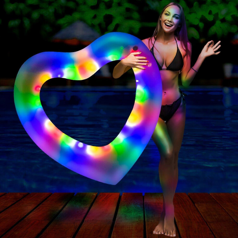 Inflatable Heart Pool Float with LED Light,Sweet Love Swim Rings Float Loungers Tube for Summer Water Fun Beach Party Toys for Kids, Adults