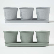 Homescapes Set of 6 Herb Pots with Tray, Grey & Green