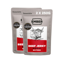 Ember Snacks - Biltong Beef Jerky (2 x 250g Chilli) Ricco di proteine, ipocalorico. Spuntina a basso contenuto di grassi, in movimento - la confezione