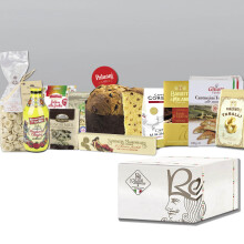 RE REGALO KIT DEGUSTAZIONE NATALE Cesto 11 Pz Panettone, Cioccolato, Torrone, Gelatine, Cantuccini, Orecchiette, Funghi, Sugo, Tarallini, Riso Carnaro
