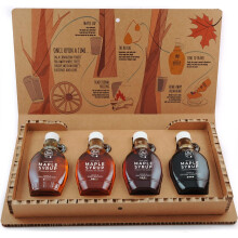 MapleFarm - Puro sciroppo d'acero in confezione regalo. Pack degustazione 4 varianti: GOLD - AMBER - DARK - VERY DARK. Astuccio regalo illustrato.