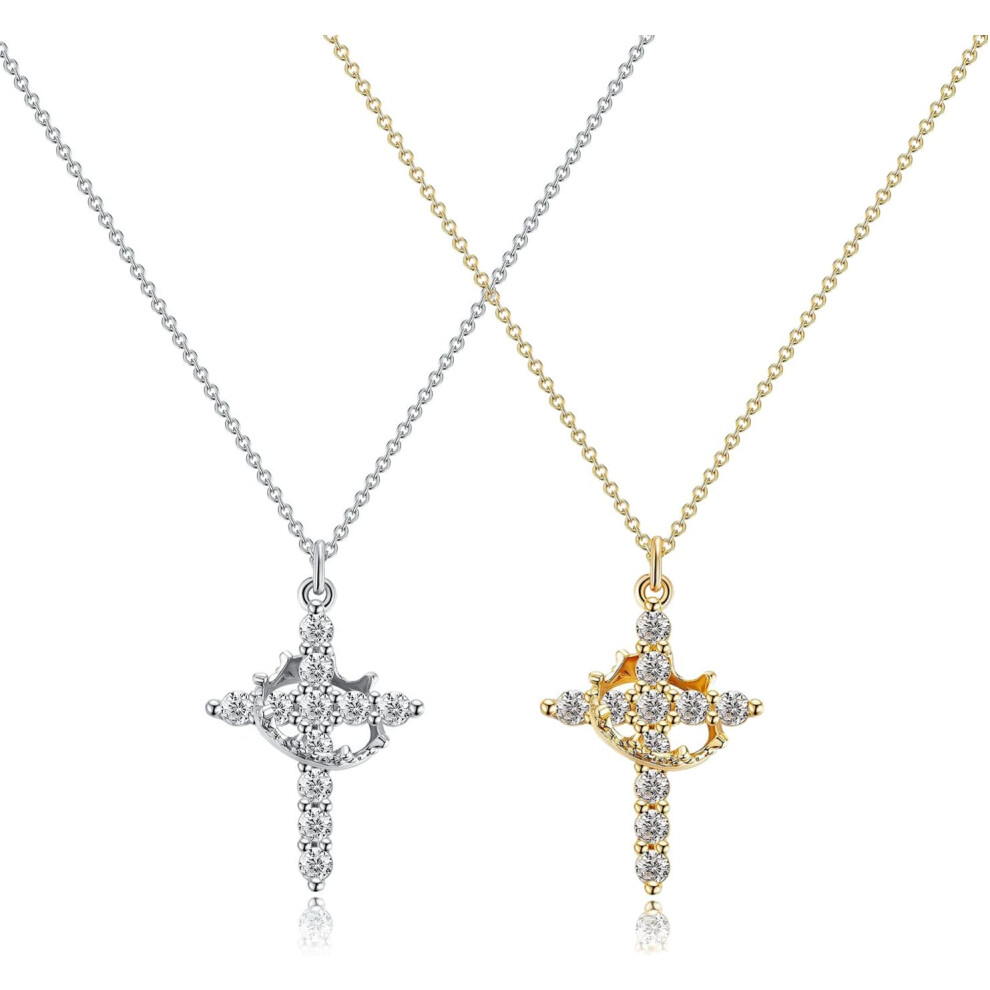 New Cross Necklace with Crown, Paved Zircon Cross Rotated Crown Necklace,14K Gold Plated Rotating Crown Cross Pendant Necklace, Crystal Diamond Cross