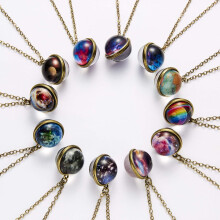 12pcs Solar System Necklace, Nebula Necklace, Star Pendant, Double Sided Crystal Glass Ball Cosmic Pendant, Milky Way Question Luminous Necklace