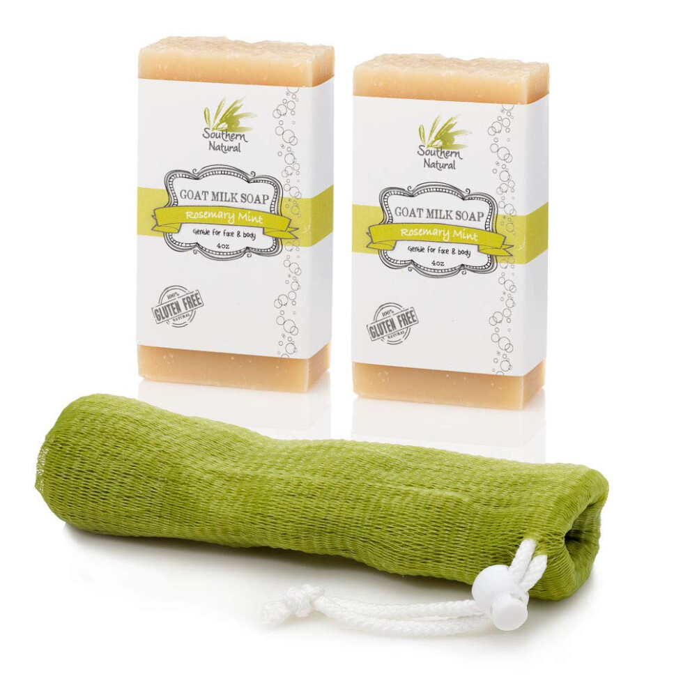 Southern Natural Goat Milk Soap Bar  2 Pack Rosemary Mint  Gentle For Dry Sensitive Skin For Face  Body 445 oz Bars With Bonus Soap Sock