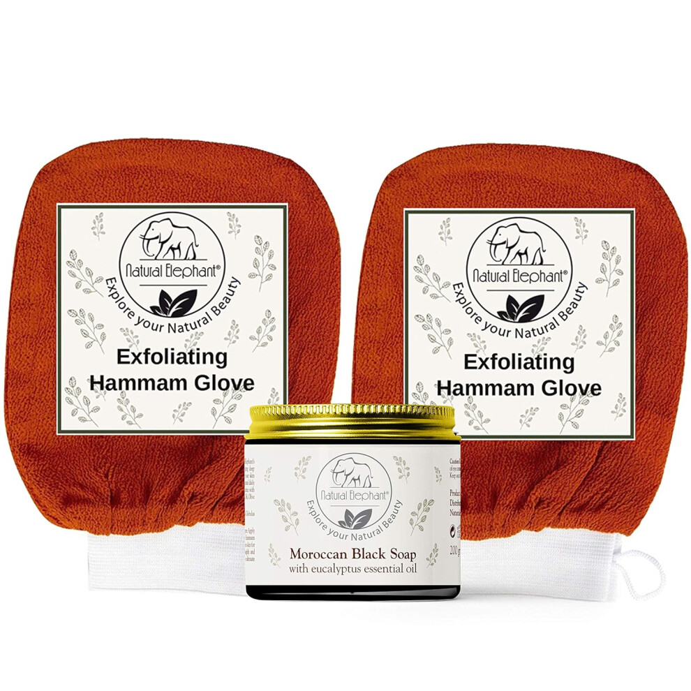 Natural Elephant Black/Orange Moroccan Soap 200G 7Oz And 2 Pack Exfoliating Hammam Glove Combo Burnt