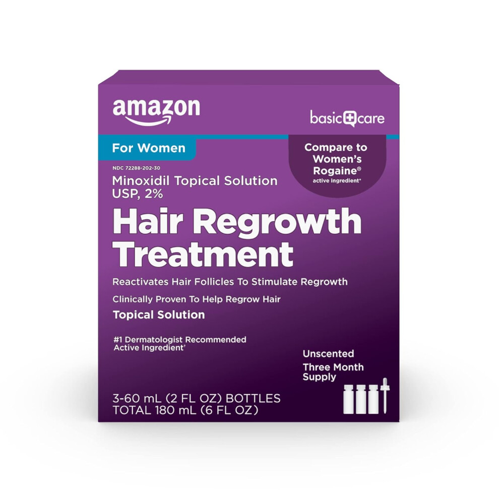 Amazon Basic Care Minoxidil Topical Solution USP 2 Hair Regrowth Treatment for Women 3Month Supply Unscented 2 fl oz Pack of 3
