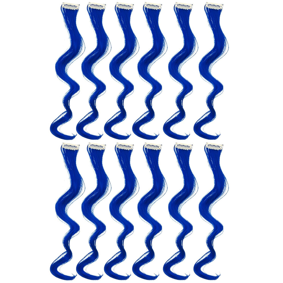 Swacc 12 Pcs Curly Wavy One Color Party Highlights Clip On In Hair Extensions Colored Hair Streak Synthetic Hairpieces Blue
