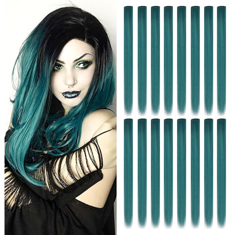 Shkjchp Unisex Red 16 Pcs Straight One Color Party Highlights Clip On In Hair Extensions Colo Hair Streak Synthetic Hairpieces Dark Teal