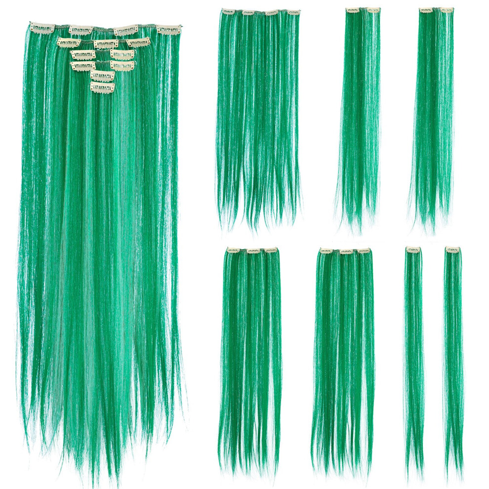 Swacc 7 Pcs Full Head Party Highlights Clip On In Hair Extensions Colored Hair Streak Synthetic Hairpieces 22Inch Straight Green
