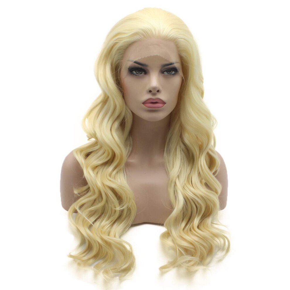 Lushy Wino Unisex Light Lushy Wavy Long 24Inch Blonde Wig Heat Resistant Heavy Density Realistic Synthetic Lace Front Wig