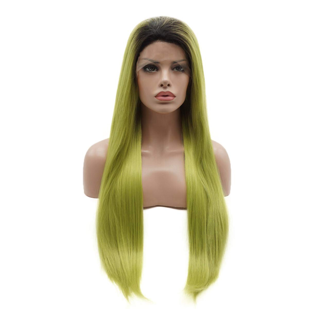 Lushy Wino Unisex Green Lushy Hair Synthetic Lace Front Wig Straight Long 24Inch Dark Root Light Ombre Heat Resistant Heavy Density Realistic Wig