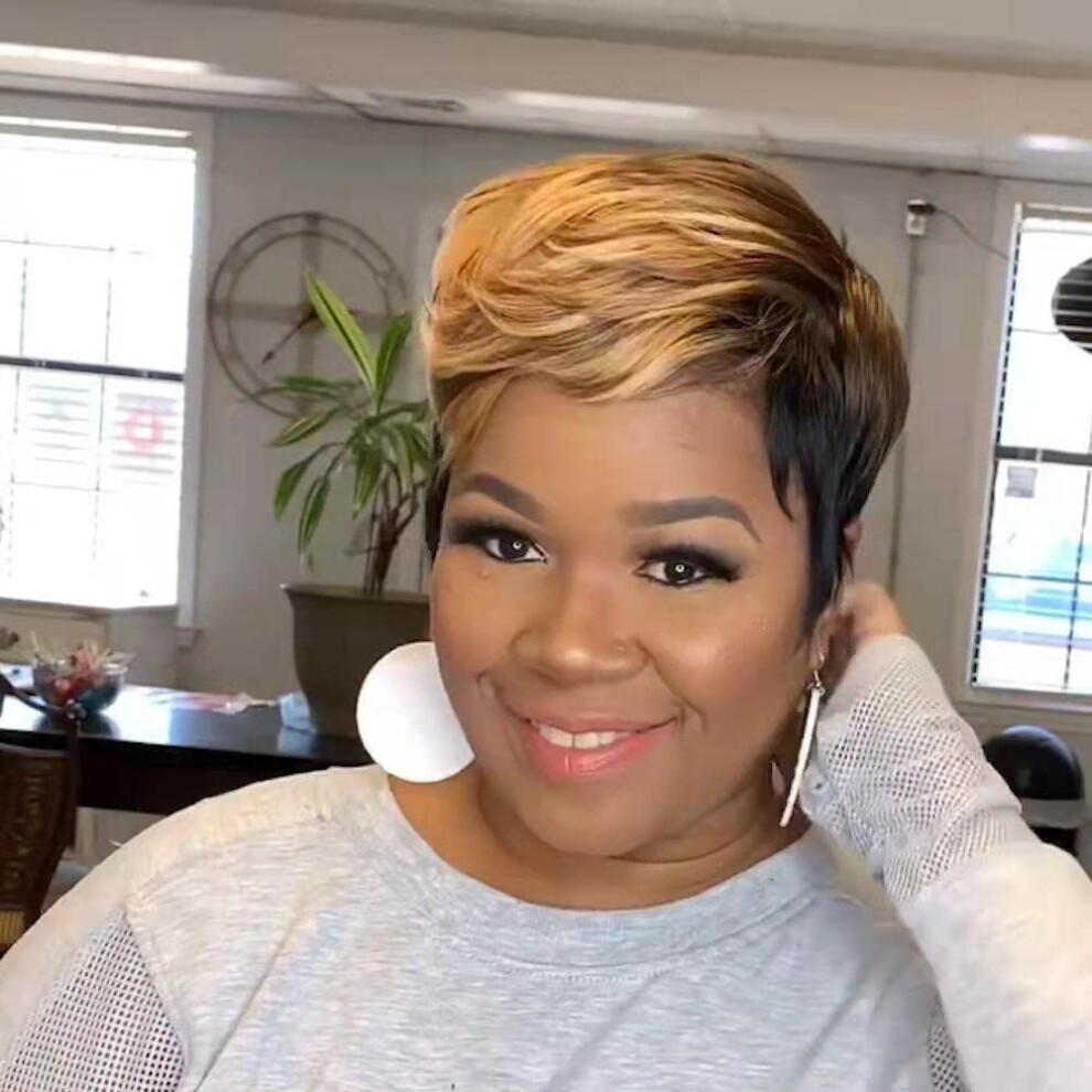 Leosa Unisex Black,Brown Short Bob Blonde Pixie Cut Wig With Bangs Ombre Brown Mixed Black Highlight With Side Bangs Synthetic Natural Wig For Black Women