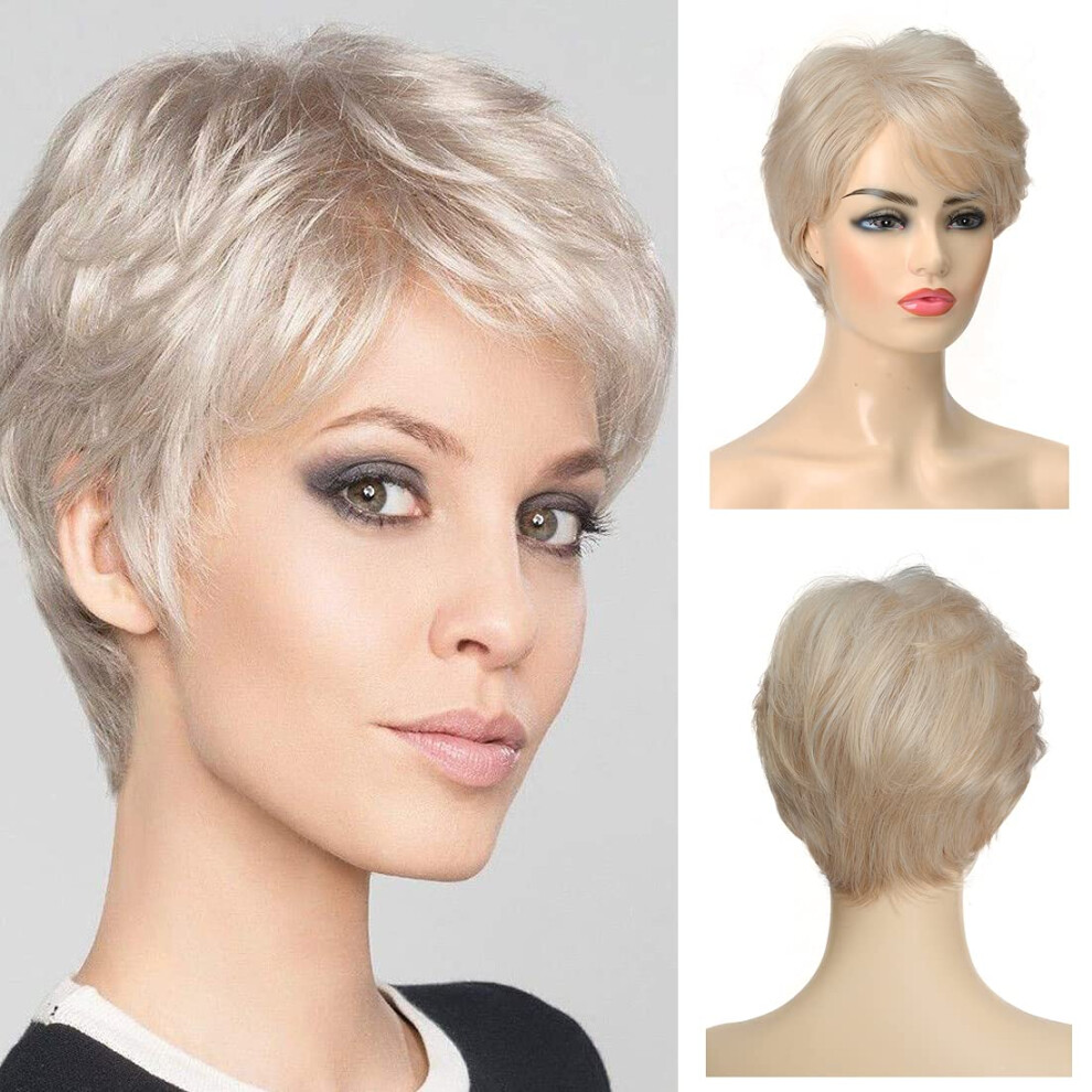 Baruisi Unisex Red Short Laye Blonde Wigs For Women Synthetic Heat Resistant Cosplay Pixie Wig With Bangs