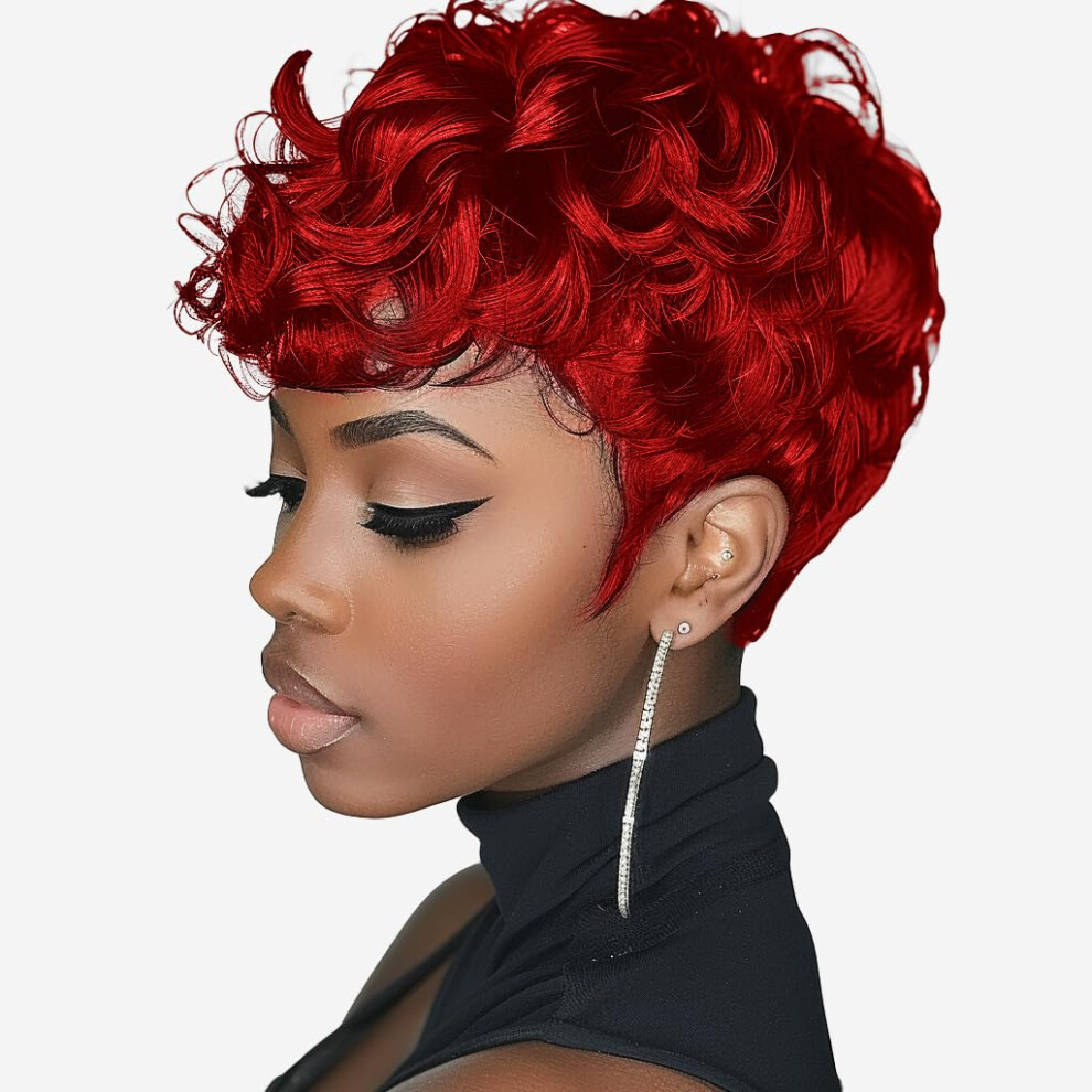 Docute Unisex Black,Red Red Pixie Cut Wigs For Black Women Short Hair Red Short Wigs For Black Women With Bang Curly Black Women Wigs Red