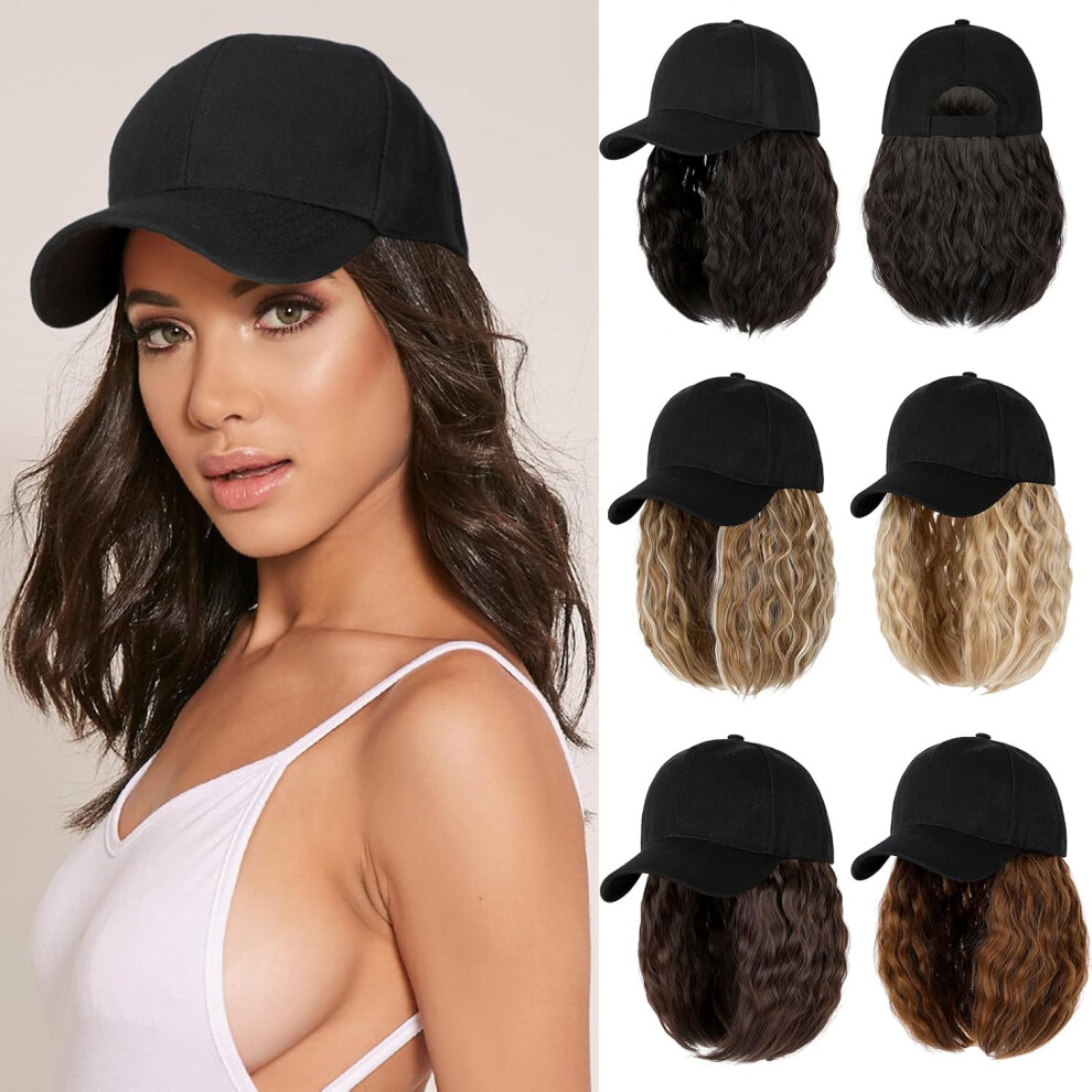 Lansigreen Baseball Cap With Hair Extensions Hat Wig Adjustable Hat Attached Curly Wave 14 Synthetic Hairpiece For Women Dark Brown