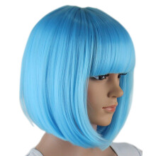 Himmelblaue Bob-Perucken und eine Peruckenkappe, kurz, glatt, flacher Pony, coole Sommerperucken, sexy, stylische Cosplay-Party-Perucken, wig003SBL
