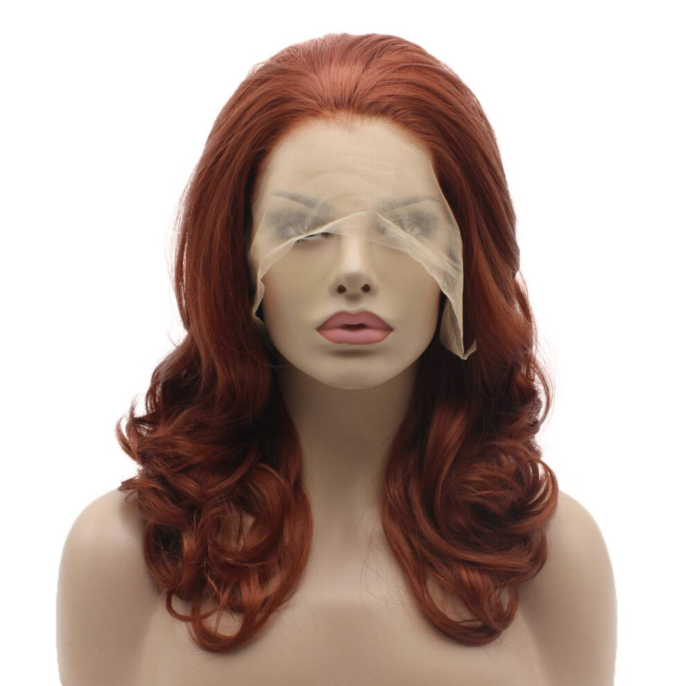 Lushy Wino Unisex Red Lushy Synthetic Wavy Burgundy 16Inch Medium Length Heat Resistant Heavy Density Realistic Lace Front Wig