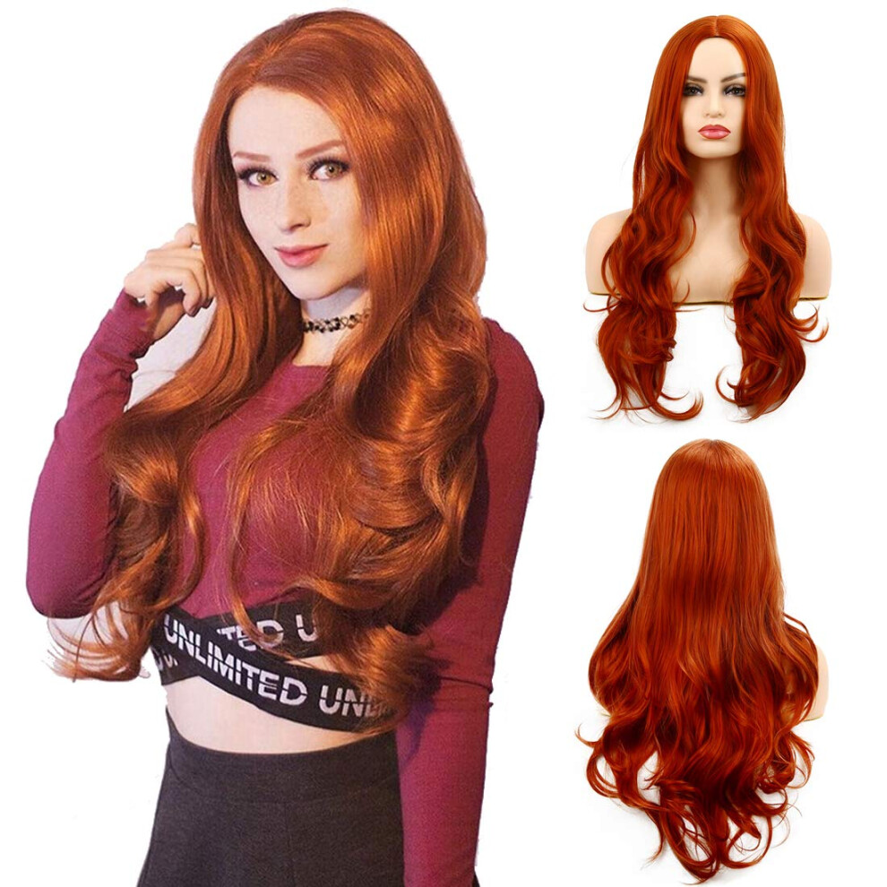 Baruisi Orange Wigs For Women Long Curly Wavy Synthetic Hair Wig Natural Middle Parting Heat Resistant Costume Cosplay Wig