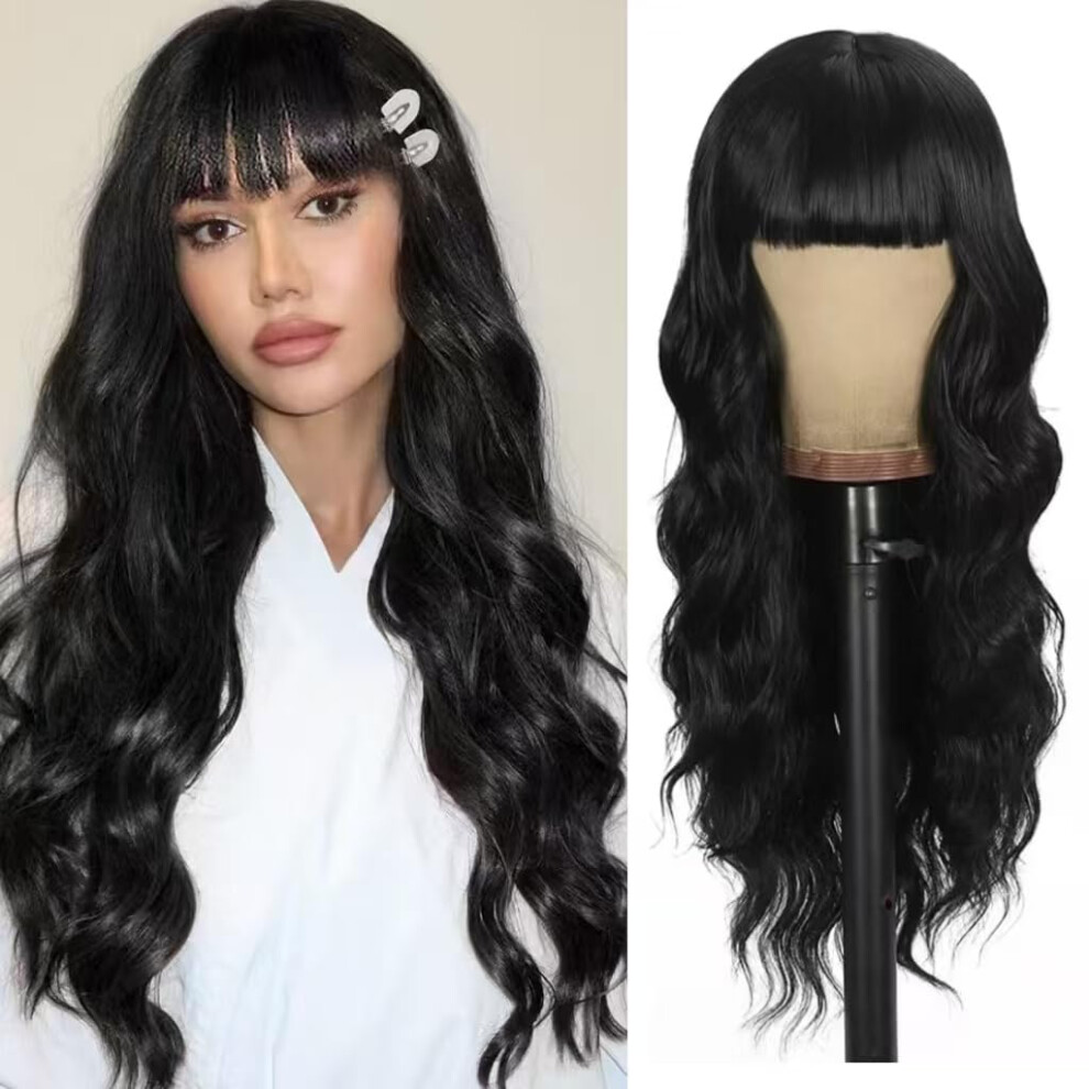 Unnymger Unisex Black Wig With Bangs Curly Wavy Wig For Women Long Natural Wavy Wigs Skinfriendly Synthetic Fibersc For Festival Holiday Use 26In