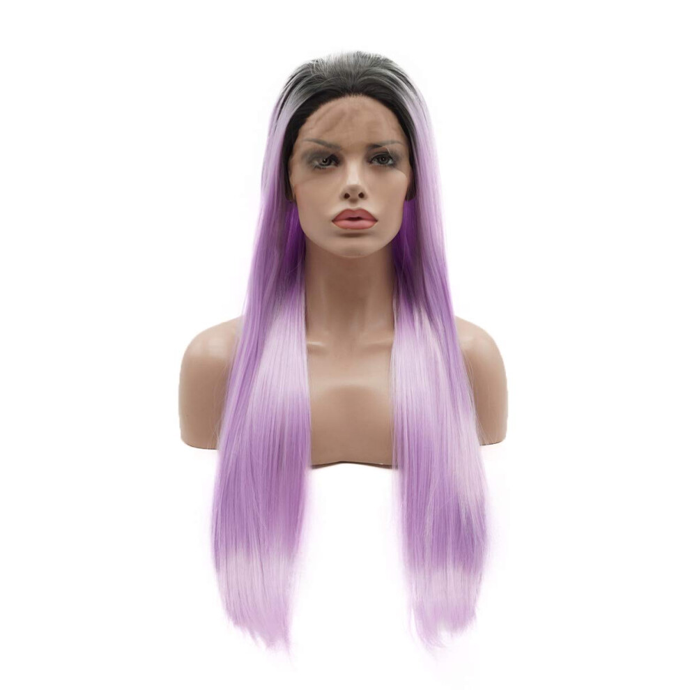 Lushy Wino Unisex Purple Lushy Hair Synthetic Lace Front Wig Straight Long 24Inch Dark Root Light Ombre Wig Heat Resistant Heavy Density Realistic Wig