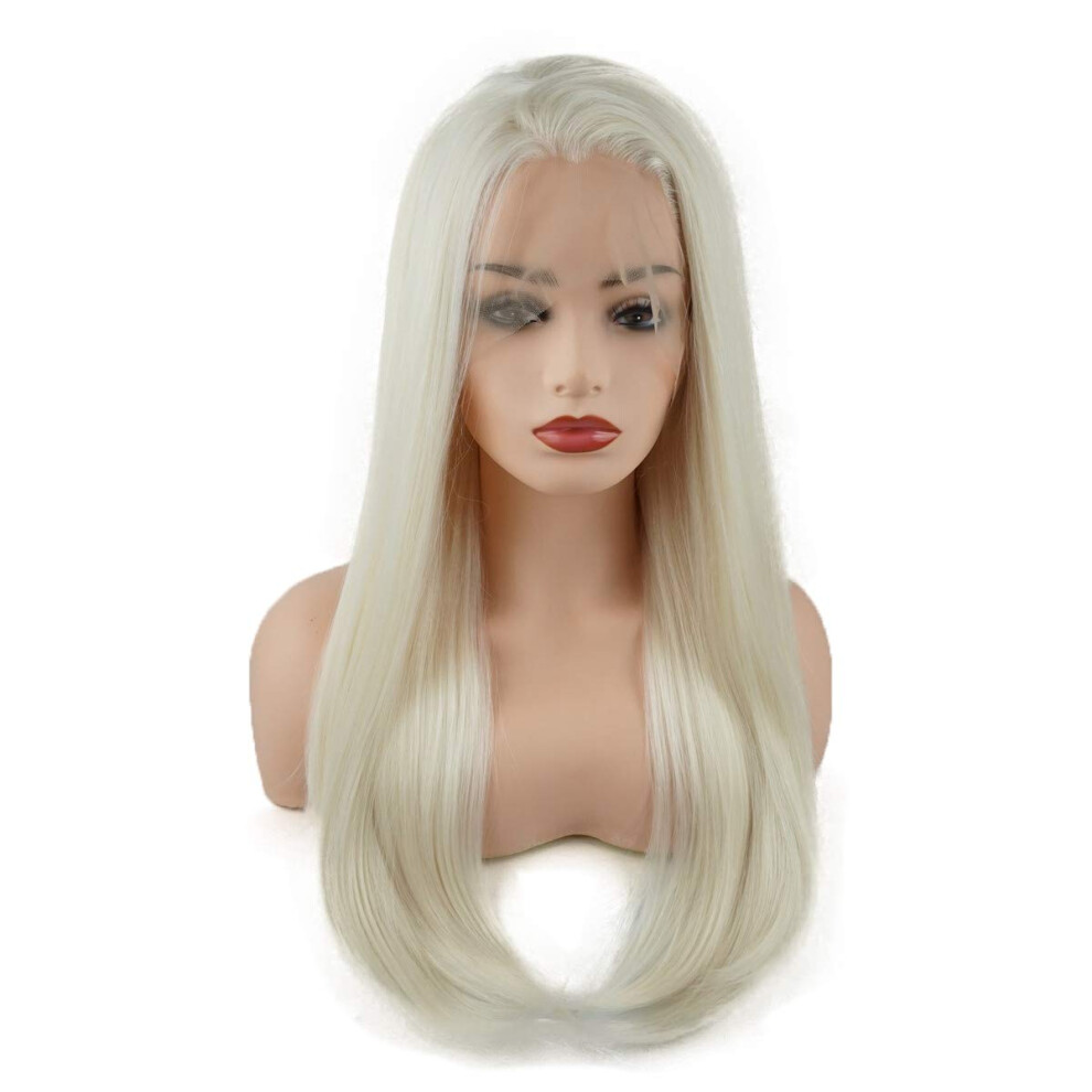 Meiyite Unisex White Hair Straight Long 24Inch Light Blonde Mix Heat Resistant Heavy Density Realistic Synthetic Lace Front Wig