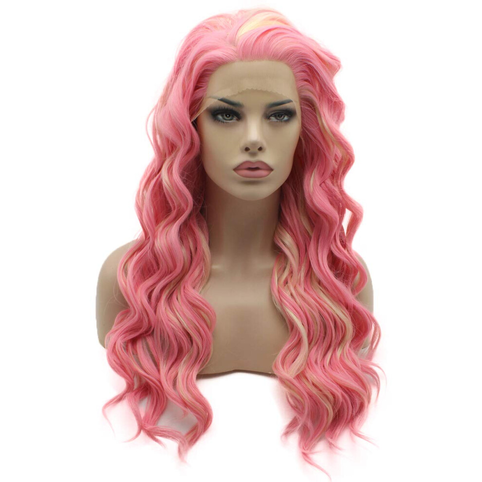 Lushy Wino Unisex Pink Lushy Synthetic Lace Front Wig Wavy Long 24Inch Light Blonde Mix Heavy Density Realistic Wig