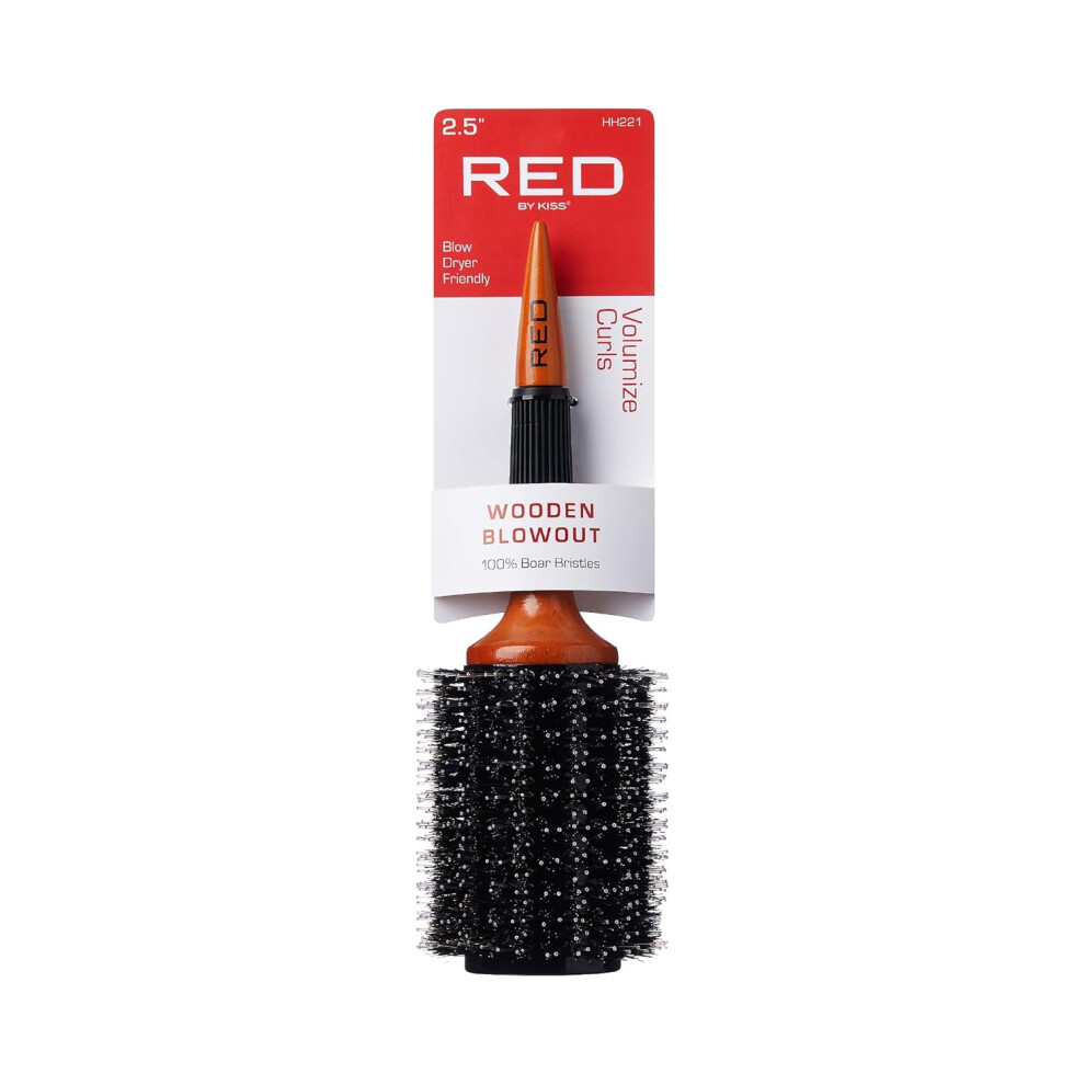 Red By Kiss Wooden Round Blowout Hairbrush 100 Boar Bristles Nonslip Handle Enhances Shine Uces Frizz Blowdryer Friendly 25 In