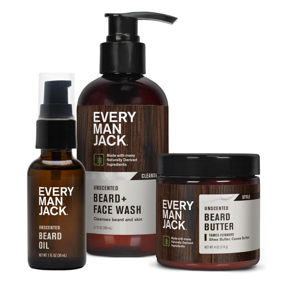 Every Man Jack Unscented Beard Bundle Fragrance Free for Sensitive Skin Contains 1 each of Beard Face Wash Beard Butter and Beard Oil