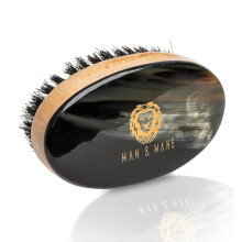 Man Mane Premium Handmade Oxhorn Beechwood Military Style Medium Stiff Natural Boar Bristle Mens Hair Brush for Facial Hair Beard Care