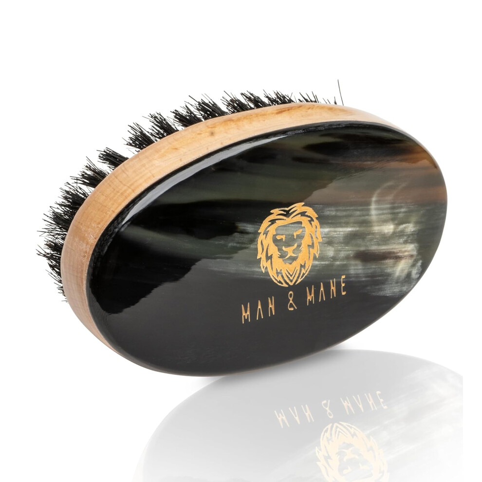 Man  Mane Premium Handmade Oxhorn  Beechwood Military Style Medium Stiff Natural Boar Bristle Mens Hair Brush for Facial Hair  Beard Care