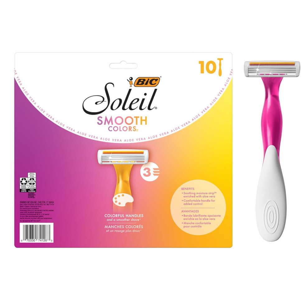 BIC Soleil Smooth Colors Womens Disposable Razors With Aloe Vera and Vitamin E Lubricating Strip for Enhanced Glide With 3 Blades 10 Count